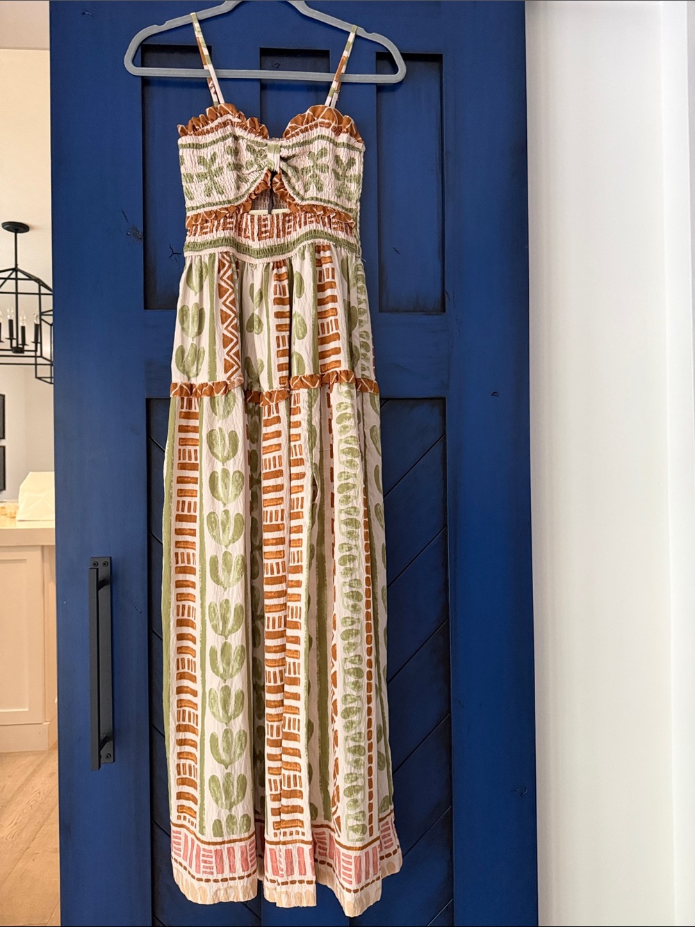 Dress Forum Printed Smocked Maxi Dress in Cream, Olive & Rust - Picture 9 of 10